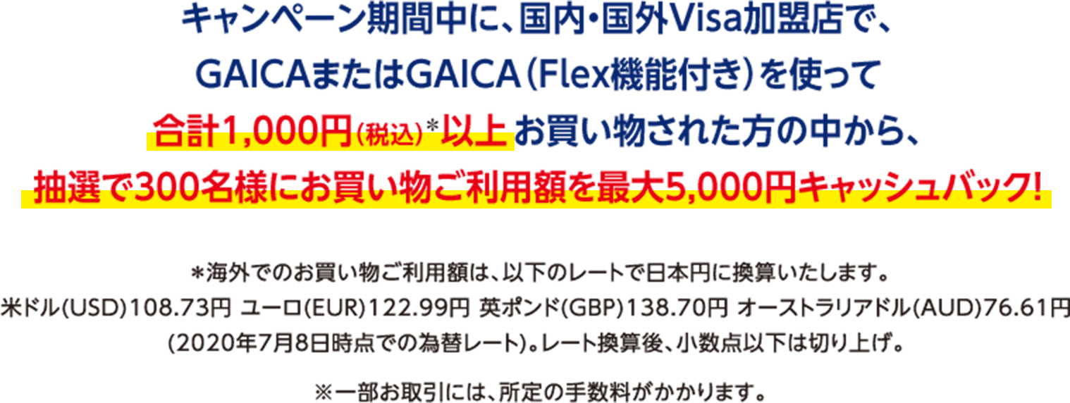 キャンペーン期間中に、国内・国外Visa加盟店で、GAICAまたはGAICA（Flex機能付き）を使って合計1,000円（税込）＊以上お買い物された方の中から、抽選で300名様にお買い物ご利用額を最大5,000円キャッシュバック！ ＊海外でのお買い物ご利用額は、以下のレートで日本円に換算いたします。米ドル(USD)108.73円 ユーロ(EUR)122.99円 英ポンド(GBP)138.70円 オーストラリアドル(AUD)76.61円(2020年7月8日時点での為替レート)。レート換算後、小数点以下は切り上げ。※一部お取引には、所定の手数料がかかります。