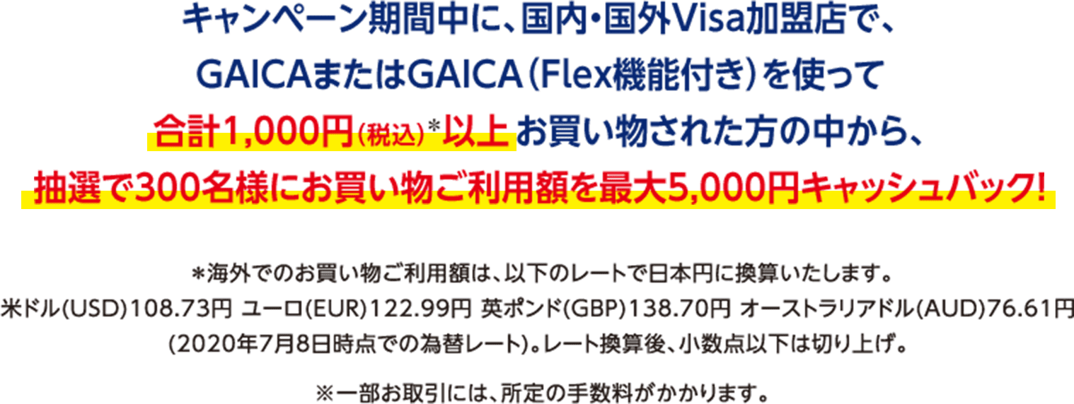 キャンペーン期間中に、国内・国外Visa加盟店で、GAICAまたはGAICA(Flex機能付き)を使って合計1,000円(税込)*以上お買い物された方の中から、抽選で300名様にお買い物ご利用額を最大5,000円キャッシュバック! *海外でのお買い物ご利用額は、以下のレートで日本円に換算いたします。米ドル(USD)108.73円 ユーロ(EUR)122.99円 英ポンド(GBP)138.70円 オーストラリアドル(AUD)76.61円(2020年7月8日時点での為替レート)。レート換算後、小数点以下は切り上げ。※一部お取引には、所定の手数料がかかります。