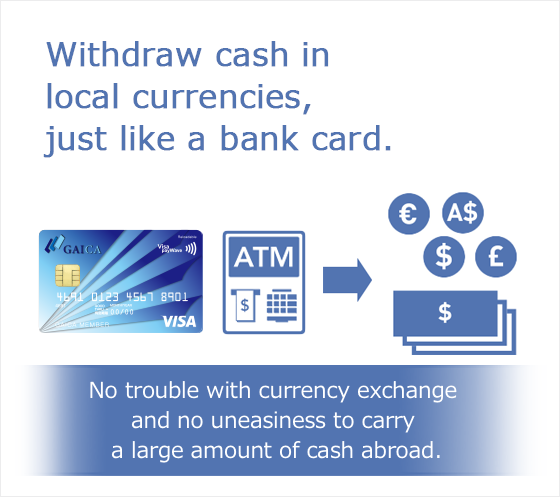 Withdraw cash in local currencies, just like a bank card. No trouble with currency exchange and no uneasiness to carry a large amount of cash abroad.